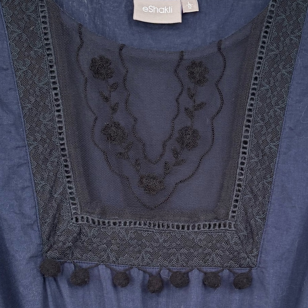Elegant Maxi Dress Sleeveless Navy Blue Black Pom Lace Embroidered Size Large - Picture 3 of 17